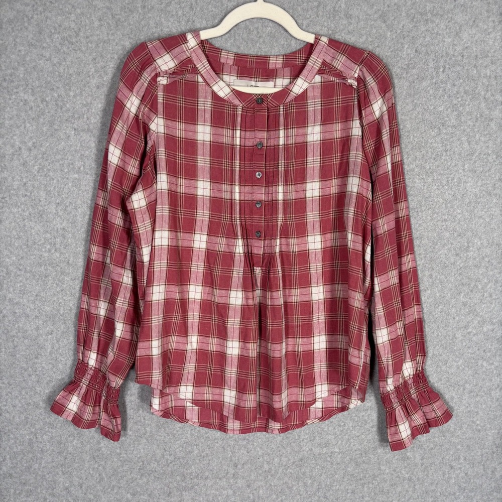 LOFT Plaid Blouse S Red Cream Smocked Sleeve Ruffle Henley Country Heritage